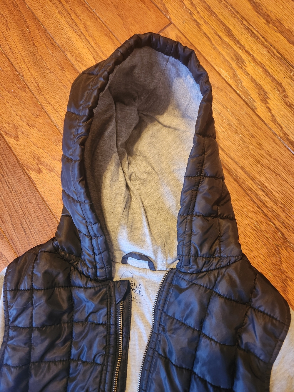 Falls Creek Black Quilted Hooded Vest with Gray Sweatshirt Sleeves - Picture 2 of 3